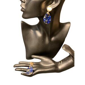 Blue Gold Resin Teardrop Earrings Statement Jewelry Unique Design